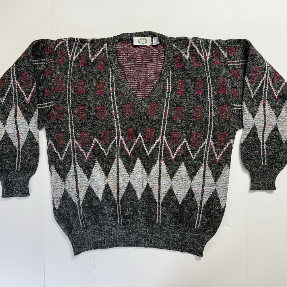 Vintage Harbour Club Mens XL V-Neck Sweater Wool Blend Geometric Argyle Italy‎